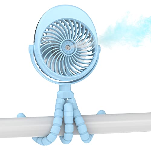 Image of Misting Stroller Fan, 2500mAh Battery Powered Personal Desk Air Circulator Fan with Flexible Tripod, Ultra Quiet 3 Speed 270° & 360° Rotatable USB Fan for Stroller Office Camping Hurricane Outage,Blue