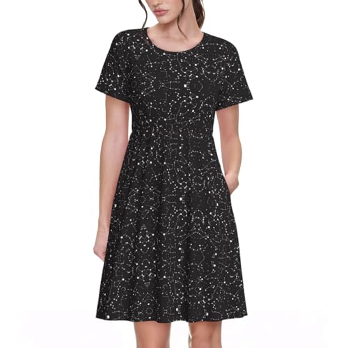 Starry Divination Constellation - Vestido de verano para mujer, casual, de manga corta, acampanado, con bolsillos, Negro, XL