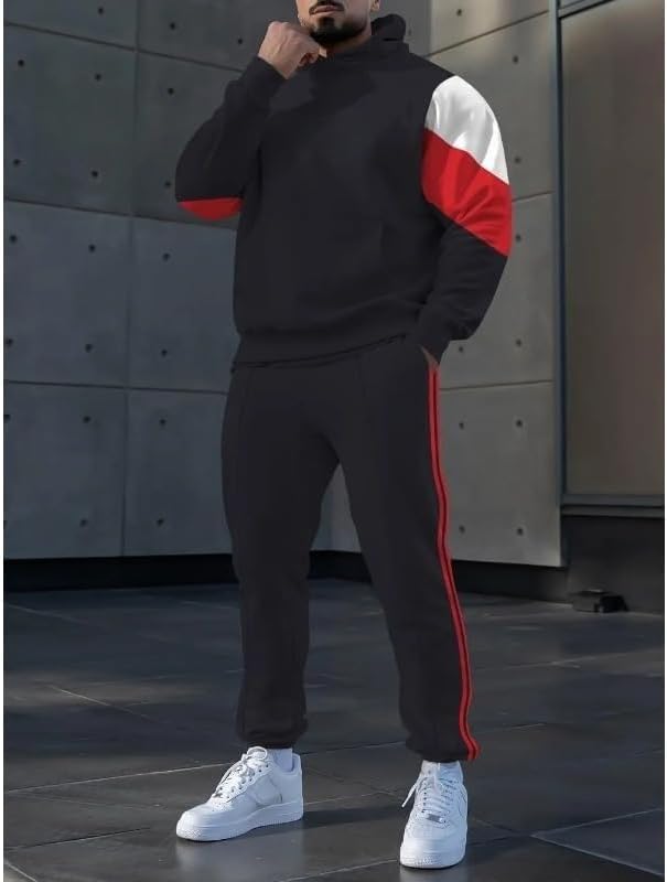 Men's color blocked hooded sweatpants set, loose printed pullover, jogging two-piece set