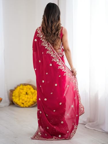 Image of Satrani Women's Tissue Silk Scalloped Border Sequins Embroidery Saree with Unstitched Blouse Piece