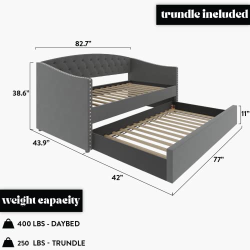 Dg Casa Suva Traditional Upholstered Daybed With Trundle Platform Bed Frame With Diamond Button Tufting Nailhead Trim And Full Wooden Slats, Box Spring Not Required - Twin Size Day Bed In Gray Fabric #TOP1