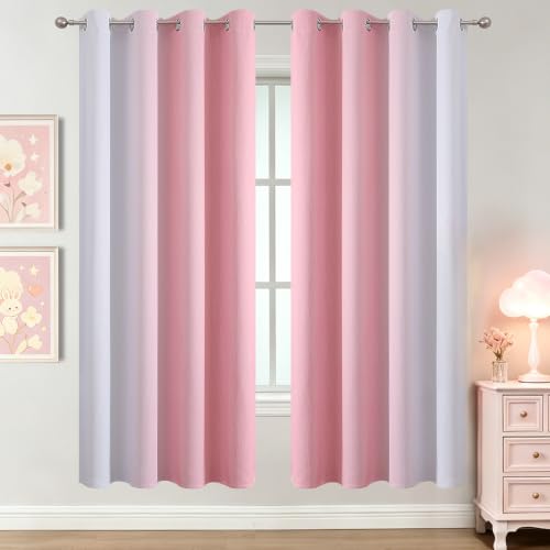 Image of Estelar Textiler Pink and Greyish White Ombre Blackout Curtains 72 Inch Long for Kids Bedroom, Room Darkening Thermal Insulated Grommet Gradient Window Drapes for Living Room /Nursery, 52Wx72L,2 Panels