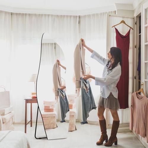 Image of QDSSDECO Full Length Mirror Irregular Wavy Mirror with Stand, Frameless