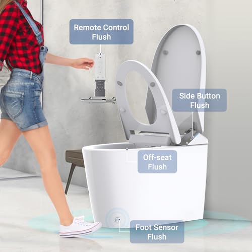 Smart Toilet with Built-In Bidet, One Piece Bidet for Bathrooms with Heated Seat, Dual Auto Flush, Warm Water & Dry Function, Elongated Toilets, Foot Sensor, LED Display, Night Light