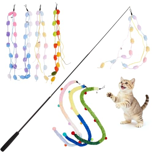 PATTEPOINT Katzenangel Lang 8tlg, Katzenspielzeug Angel mit 7 Plüschbälle Band Bunt für Katzen und Katzenangel Stabile 98cm Telesk…