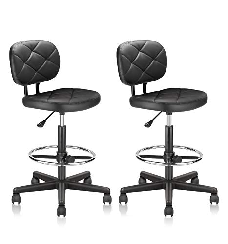 Image of KLASIKA Tall Drafting Rolling Stool Chair with Low Back Support and Adjustable Foot Rest Ring Set of 2 PU Leather Vinly Wide Seat Swivel Standing Desk Chair for Office Home 2 Pack