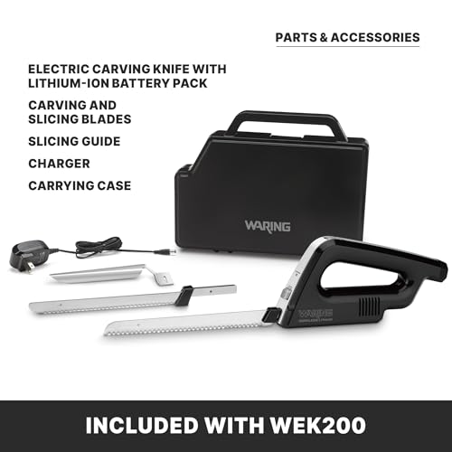 Waring Commercial WEK200 Cordless Rechargeable Electric Knife w/Bread and Carving Blades, Includes Case, 120V, 5-15 Phase Plug, Black