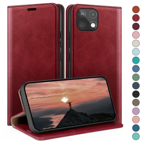 Funda para Samsung Galaxy A22 5G HUOUH Estuche de Billetera con Cuero Rojo