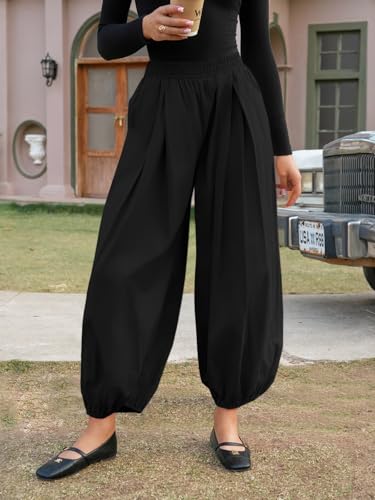 Image of Fisoew Womens Wide Leg Balloon Pants Casual Barrel Elastic Waist Pleated Baggy Workout Sweat Pants with Pockets