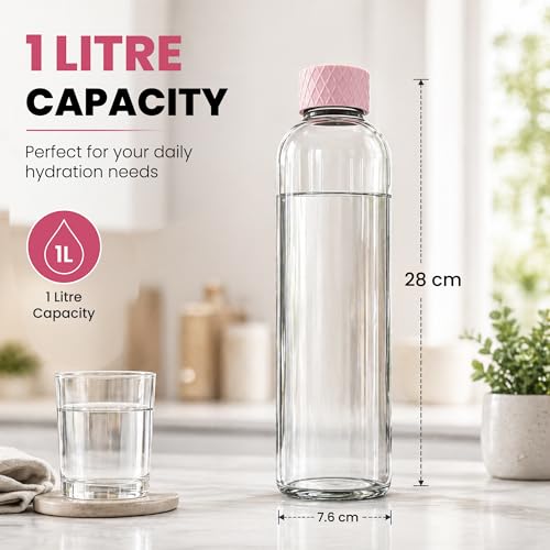 Image of Rioware Glass Water Bottle 1 Litre | Airtight lid | Leak Proof | Silicon Cap | Fridge Water Bottles for Home, Office & Gym (1 Ltr- Pack Of 1, Pink)