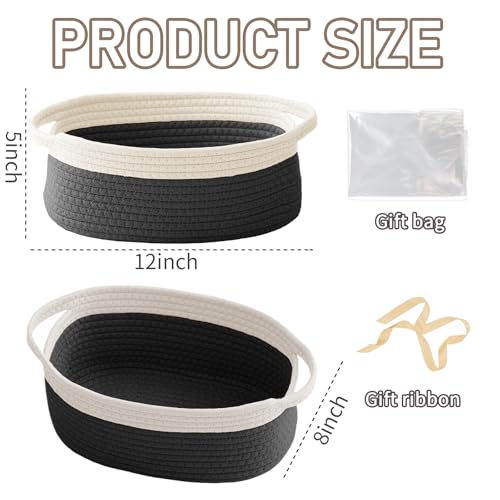 Image of JMvicyroam Small Woven Basket, Empty Gift Basket, White&Black /3 Pack | Small Gift Basket, Cotton Rope, 12 x 8 x 62 in, Handles, Includes Ribbon and Bag, Birthday Gift Basket