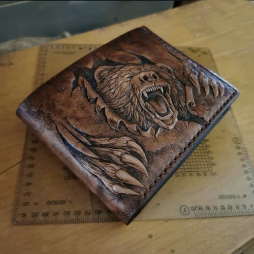 Grizzly, Bear, Forest, Hunter, Hunting, Men's 3D Genuine Leather Wallet, Handmade wallet, Carved wallet, Tooled wallet, Airbrush Art, Bifold wallet, Custom wallet, Personalized wallet, A(30)3