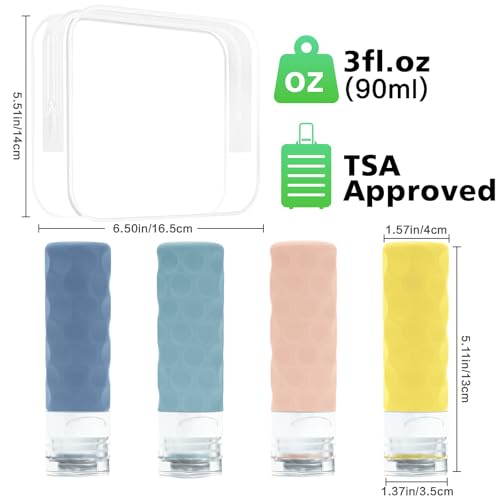 Image of Silevoler Travel Bottles for Toiletries, 4pcs Tsa Approved 3oz Travel Size Containers, BPA Free Leak Proof Premium Silicone Bottles, Refillable Liquid Squeezable Accessories W /Toiletry Bag(Bright)