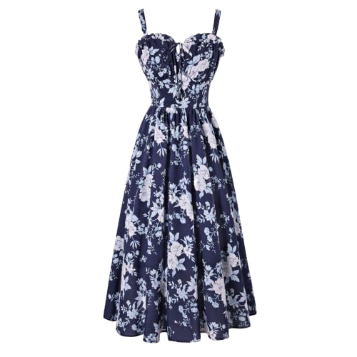 Scarlet Darkness Summer Dresses for Women 2026 Floral Corset Dress Long Milkmaid Dress with Pocket Navy Floral Print XL