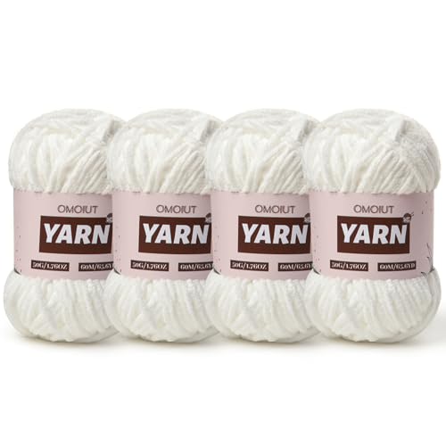 Image of 4 Packs Plush Chenille Chunky Crochet Yarn - Baby Yarn for Crocheting Soft - Velvet Yarns Knitting for Blankets Crafts - Fluffy Amigurumi Yarns 200g /262.5yds (4 Snow White)