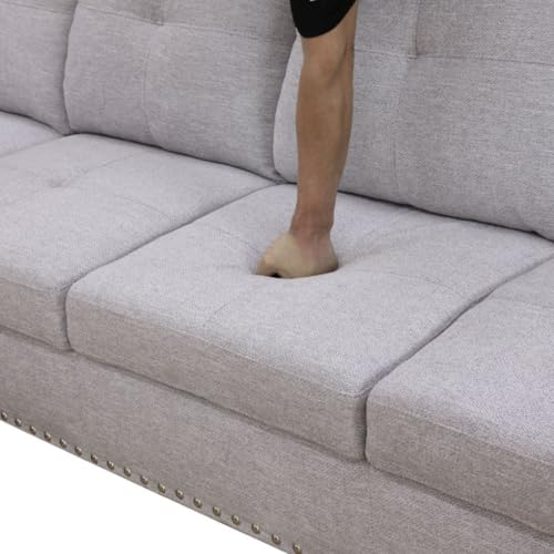 Image of L-Shaped 3-Piece Flannel Sofa with Ottoman, Sectional Couch Set for Living Room, Office, Apartment, with Cup Holder, Grey White