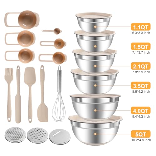 Mixing Bowls with Airtight Lids Set, 20 PCS Kitchen Gadgets Set, 6 Stainless Steel Bowls,3 Grater Attachments,Non-Slip Silicone Bottoms,Great for Serving&Baking,Size 5, 4, 3.5, 2.1, 1.5, 1.1QT (Khaki)