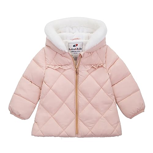 Image of Rokka&Rolla Baby Girls' Water-Resistant Puffer Jacket Hooded Winter Coat with Soft Mini Fur Lining for Newborn Infant Toddler