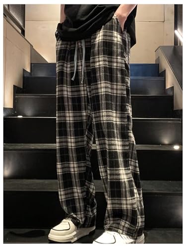 OYOANGLE Men's Plaid Straight Leg Pants Elastic Drawstring Waist Casual Lounge Trousers with Pocket3