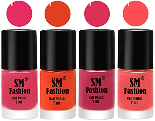 Image of Nail Polish Combo Set (Pack of 4) Quick Dry Gel Finish Nail Paint | Dark Rose Pink,Reddish Orange ,Dusty Pink,Peach Pink | 7 ml Each