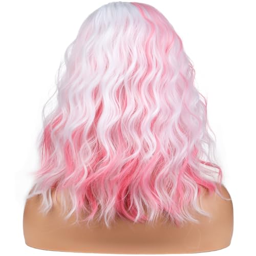 Image of BERON ERON White and Pink Wigs for Women Short Curly Wavy Hair Wig Girls Mixed Highlights Color Synthetic Costume Cosplay or Use Wig