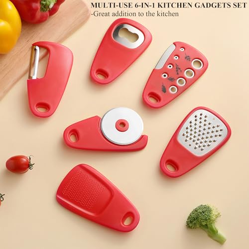 Kitchen Gadgets Set 6 Pieces, Space Saving Cooking Tools Kitchen Accessories-Garlic/Ginger Grinder, Cheese Grater, Vegetable/Fruit Peeler, Pizza Cutter, Herb Stripper, Bottle Opener, Gadgets Gift Set - Image 3
