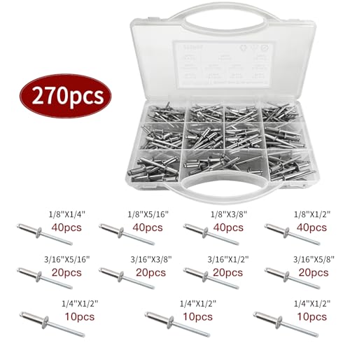 Image of 270 Pcs Stainless Steel Rivet Kit - 9 Sizes Stainless Rivets with 1 /8 inch 3 /16 inch1 /4 inch,Pop Rivets, Heavy-Duty Hand Rivet, Furniture, Sheet Metal, and DIY Repairs