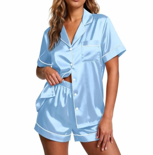 Image of Ekouaer Pajamas for Women Set Silk Satin Pjs Button Down Sleepwear Summer Loungewear Top and Shorts Lounge Set S-XXL