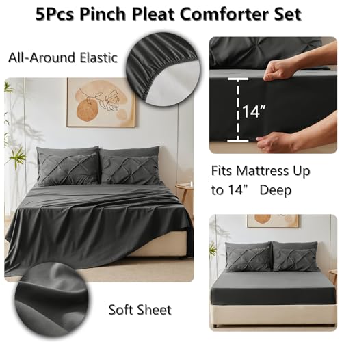 CozyLux Twin XL Comforter Set Dark Grey, 5 Pieces Twin Extra Long Pintuck Bed in A Bag for College Dorm, Pinch Pleat Bedding Set with Comforter, Sheets, Pillowcase & Sham