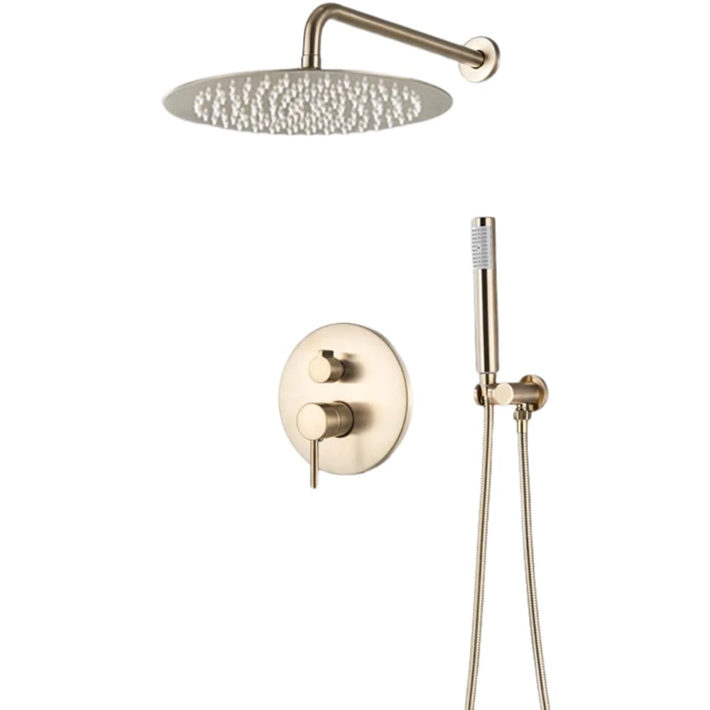 Robinet mélangeur de douche or brossé et système de tête de douche ronde encastrée