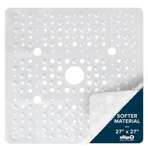 SlipX Solutions 27' Oversize Square Shower Mat, Non-Slip Mat for Elderly & Kids, 100+ Power Grip Suction Cups for Smooth Surfaces, Machine Washable, White Pearl