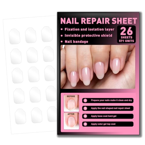 Upgraded Nail Repair Patches for Damaged Nails - 571 Units Shaped Repair Sheets for Fixation & Isolation Layer Recovery Protective Layer for Acrylic Various Sizes Easy to Use Invisible & Instant