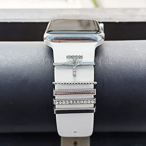 Image of 5Pcs Charms for Apple Watch band 41mm 45mm 40mm 44mm 38mm 42mm 46mm 49mm Women,Diamond+Metal Jewelry Decorative Ring For iWatch series 11 10 9 8 7 6 5 4 se 3 /2,Galaxy watch 7 /6 /5 /4,Strap Accessories