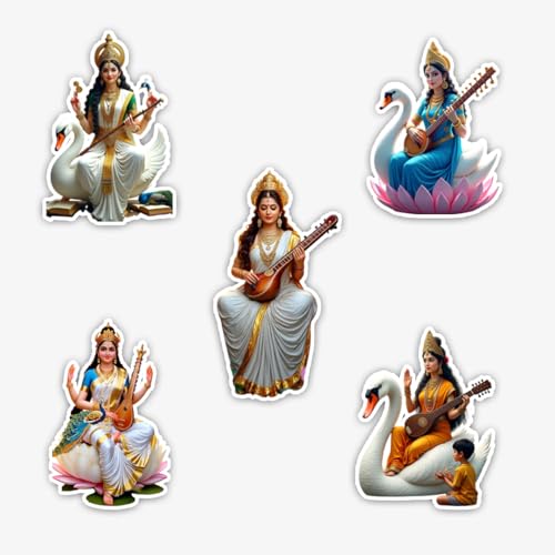 Stick Store Inspirational Religious Sticker Saraswati Ji Pack of 5 Matte Waterproof Vinyl Stickers 2.8x2.8 Inch Laptop Stickers, Water Bottle Stickers, Phone Case Decals, Skateboard & Bike Stickers