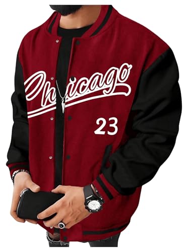 Men's Letter Print Varsity Jacket Slogan Graphic Button Down Coat Bomber Baseball Coat With Pockets