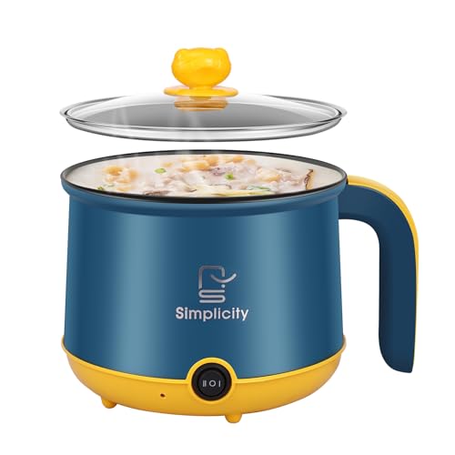 Electric Hot Pot 1.8L Mini Electric Cooking Pot with Steam Rack & Handle, 2 Gear Non-Stick Rapid Ramen Noodles Cooker, Electric Skillet for Noodles/Pasta/Egg/Soup/Oatmeal/Steak(Blue (single layer))