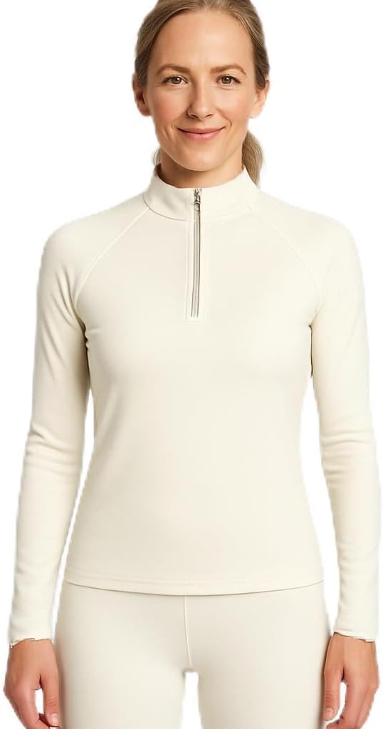 Lands' End Women’s Thermaskin Baselayer 1/4 Zip Top – Long Sleeve Lightweight Heat-Generating Thermal Shirt