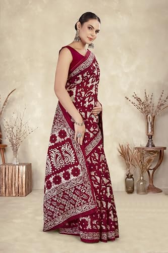 Image of TAMAIRA FASHION Mulmul Pure Cotton Saree For Woman Floral Batik Printed |Office Wear Daily Wear Sarees For Women Without Blouse Piece (Available in 16 Colours)