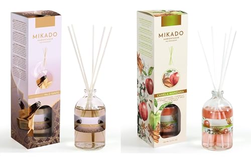 PCMOVILES Mikado Ambientador MISTERIOSO PALO SANTO Y MANZANA & CANELA 100 ml – Pack de 2 Unidades – Aroma Fresco y Natural – Difusor de Varillas para Casa, Oficina y Armario