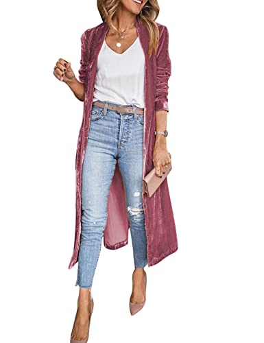 Image of Women's Long Velvet Cardigan Jacket Lapel Collar Open Front Vintage Cardigan Sweater with Pocket