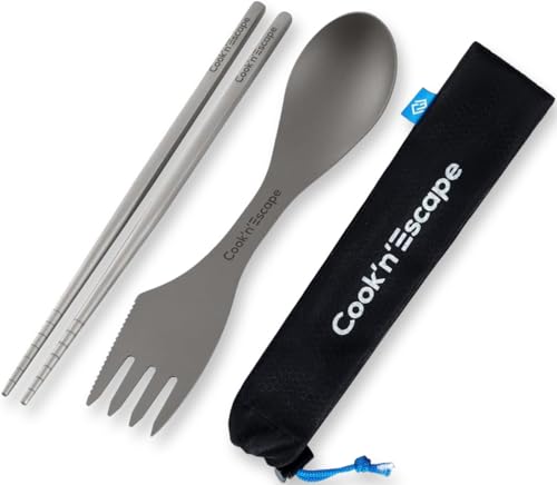 COOK'N'ESCAPE チタン カトラリーセット スプーン フォーク ナイフ 箸 多機能 コンパクト 頑丈 メッシュ収納袋付き 食器セット 純チタン製・食品衛生基準適合 5年保証 アウトドア キャンプ 登山 防災用 出張 旅行