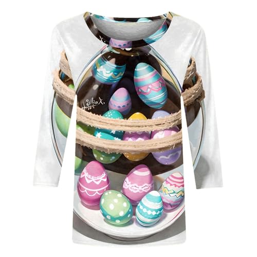 YuanJuli Camisetas de Páscoa para mulheres, manga 3/4, fofos, coelho, coelho, floral, cenoura, coraç