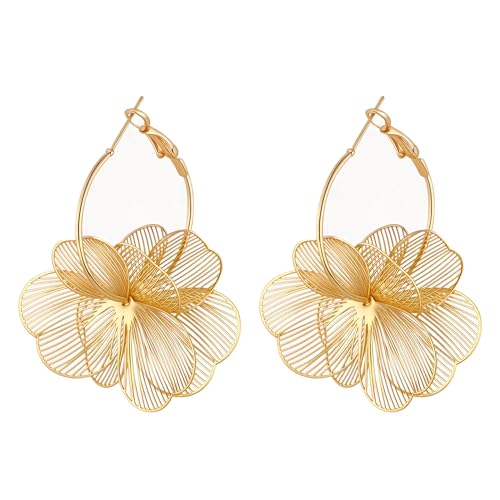 Aretes de Flores de Oro, Pendientes Flor Dorados Mujer, Pendientes Largos Dorados Fiesta, Aretes Florales Colgantes de Oro, Pendiente Dorado para Accesorios de Fiesta, Vida Cotidiana