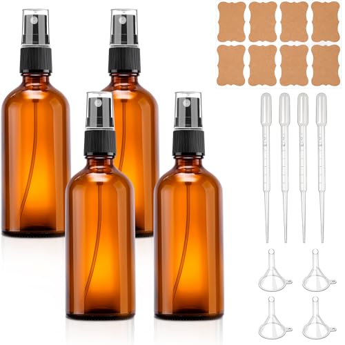 Sprühflasche Glas 100ml Braun 4er Set Braunglas Sprühflaschen Nachfüllbar Klein Leere Sprühflaschen zum Befüllen mit Pipette Trichter Etiketten für Kosmetik Ätherisches Öl Parfüm