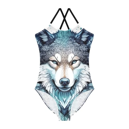 Wolf Head Blue One Piece Bathing Suit for Girls, Quick Dry Crossback Swimsuit for Kids for Beach 3T