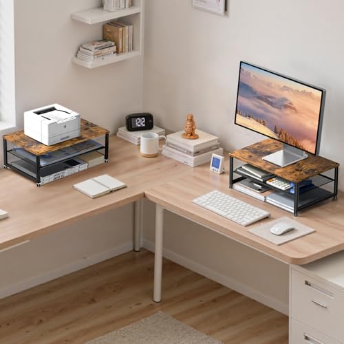 Image of ECOLOVI 2-Tier Computer Monitor Stand Riser, Printer & Laptop Stand, Office Desk Accessories, Workspace Desk Organizer for Home Office Supplies, Brown