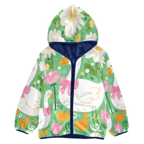 Cute Ducks Among Flowers Pattern Toddler Fleece Jacket Girl Boys Hooded Fleece Jacket Coat Warm Outwear Zip-up 3-10T