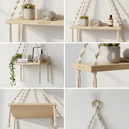 Image of 1-Tier Macrame Wall Hanging Shelf (Includes Mounting Hook) Boho Wooden Floating Shelves for Wall Decor - Handmade Cotton Rope Plant Hanger & Organizer for Living Room, Bedroom, Balcony