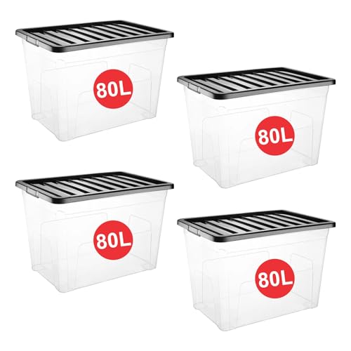 RelianceUK 4 X 80L Large Plastic Storage Box with Black Lid 
