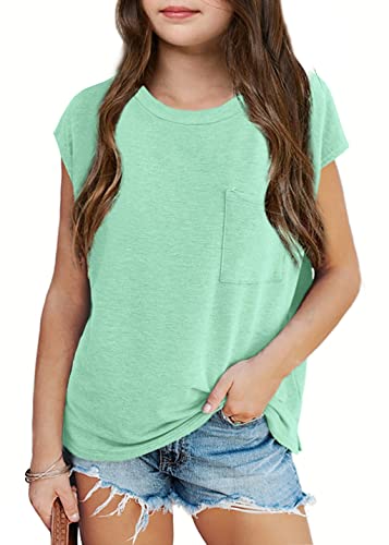 Imily Bela Girls Cap Sleeve Summer Tops Casual Crewneck Loose Tshirts with Pocket